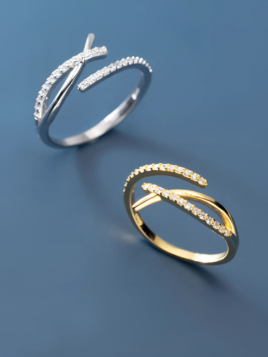 Women's Korean style X-shaped cutout ring with micro pavé stones and adjustable open band