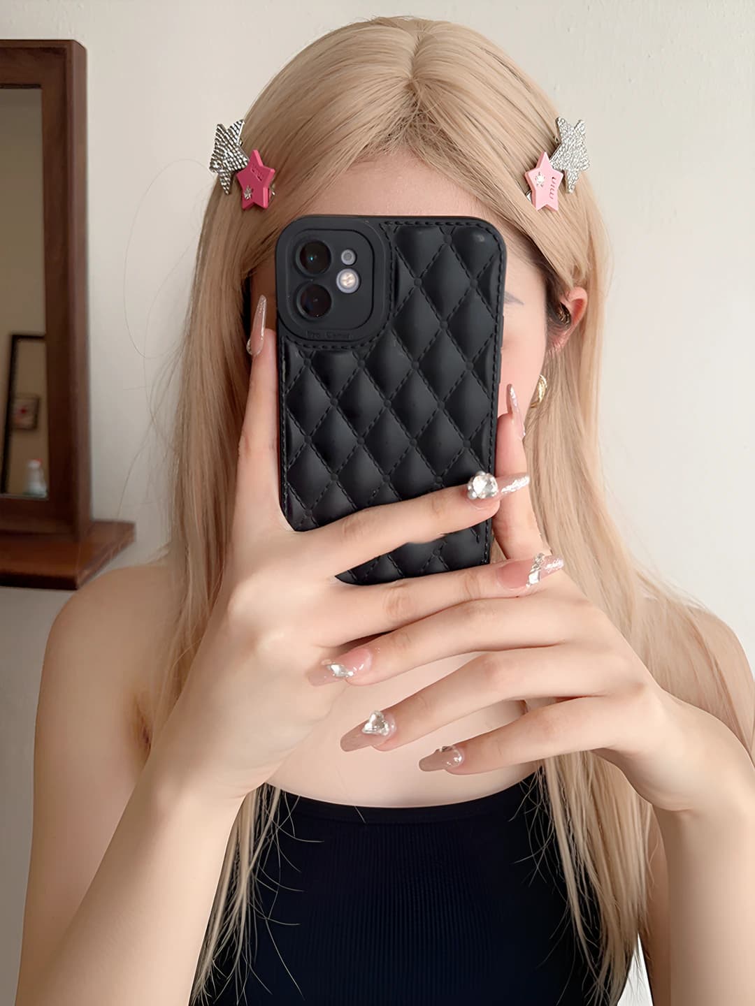 Women's pink rhinestone star hair clips, metal BB clip