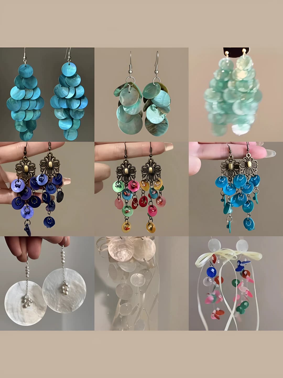 Ayollar uchun retro uslubdagi shell tassel ziraklar, oq rangli, metall asosli, tabiiy dizayn elementi