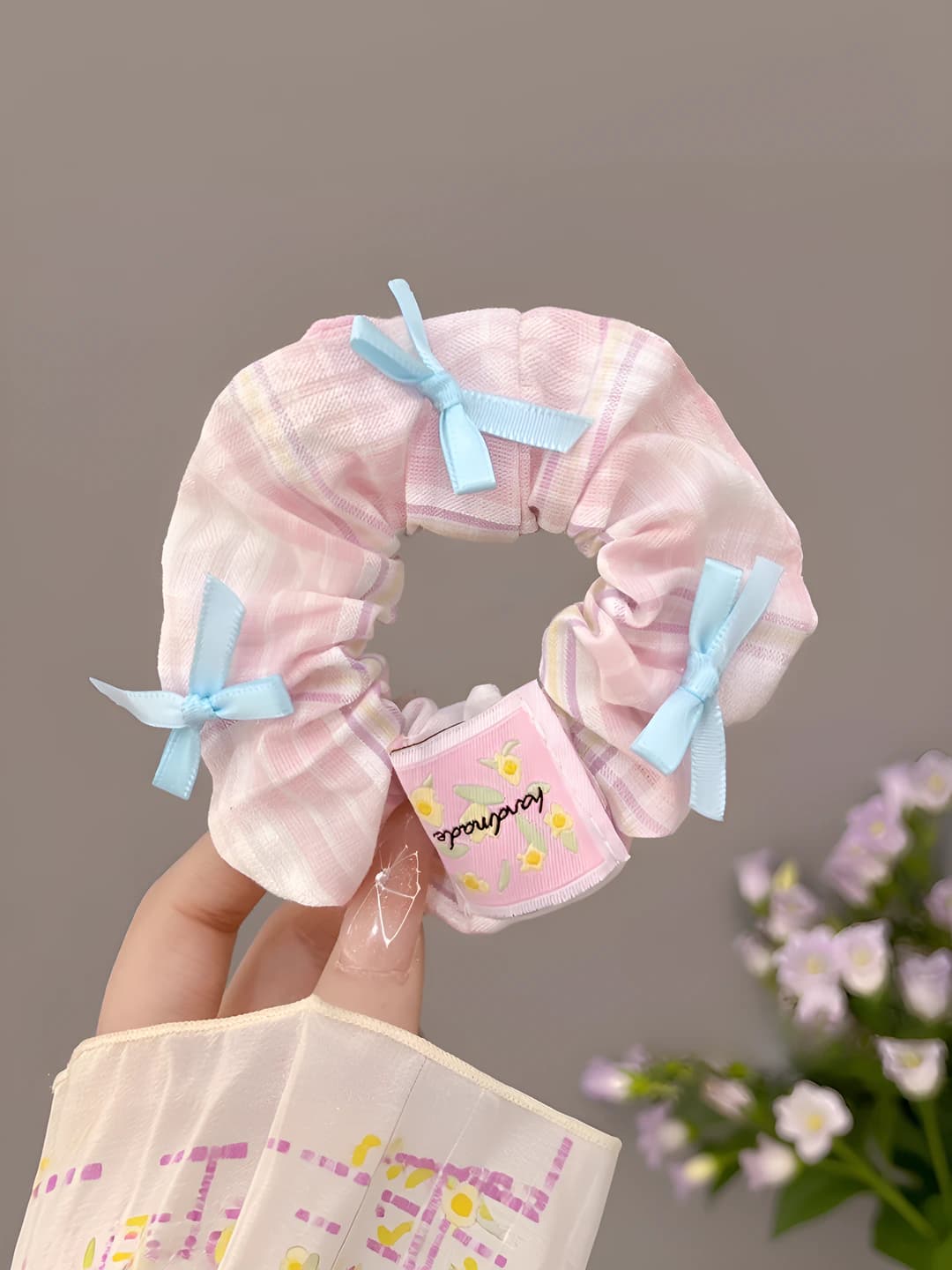 Pink plaid, bow, 11 cm