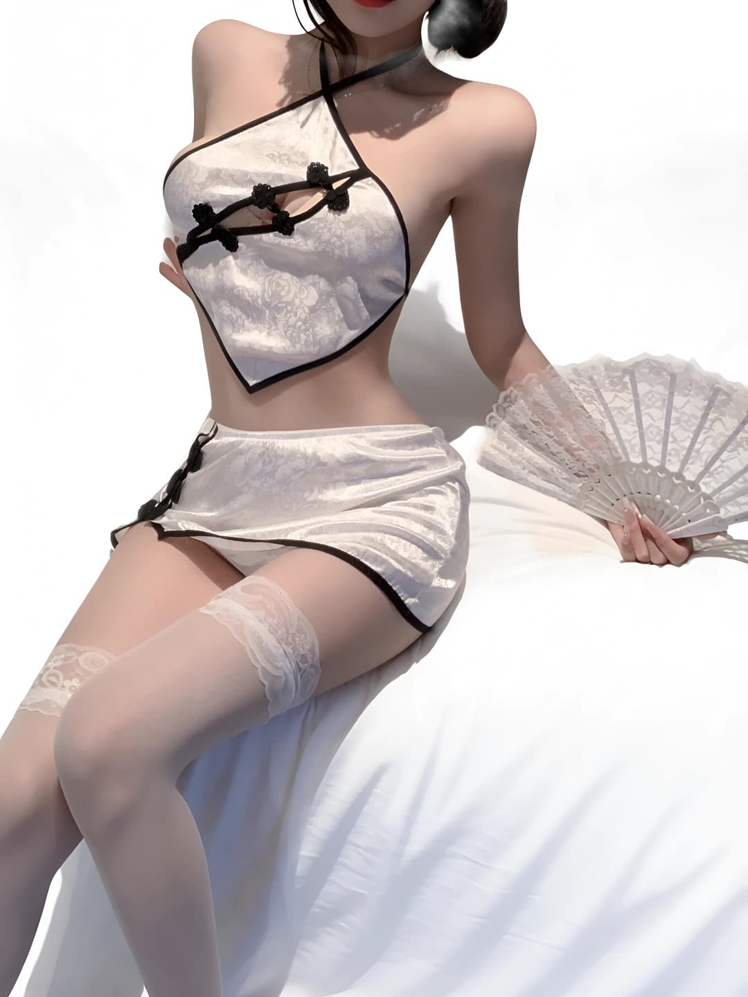 Women's lingerie set in qipao style: halter top and short skirt, retro, polyester fabric