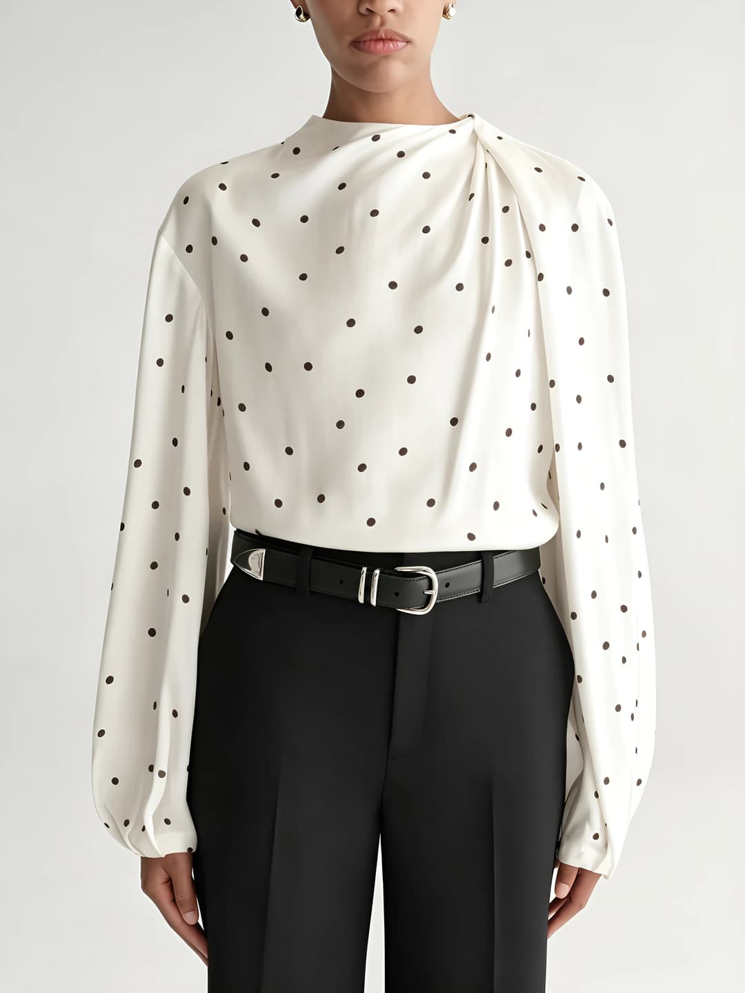 Women's French style polka dot blouse, crew neck, long sleeve, loose fit, zip closure, mid-length
