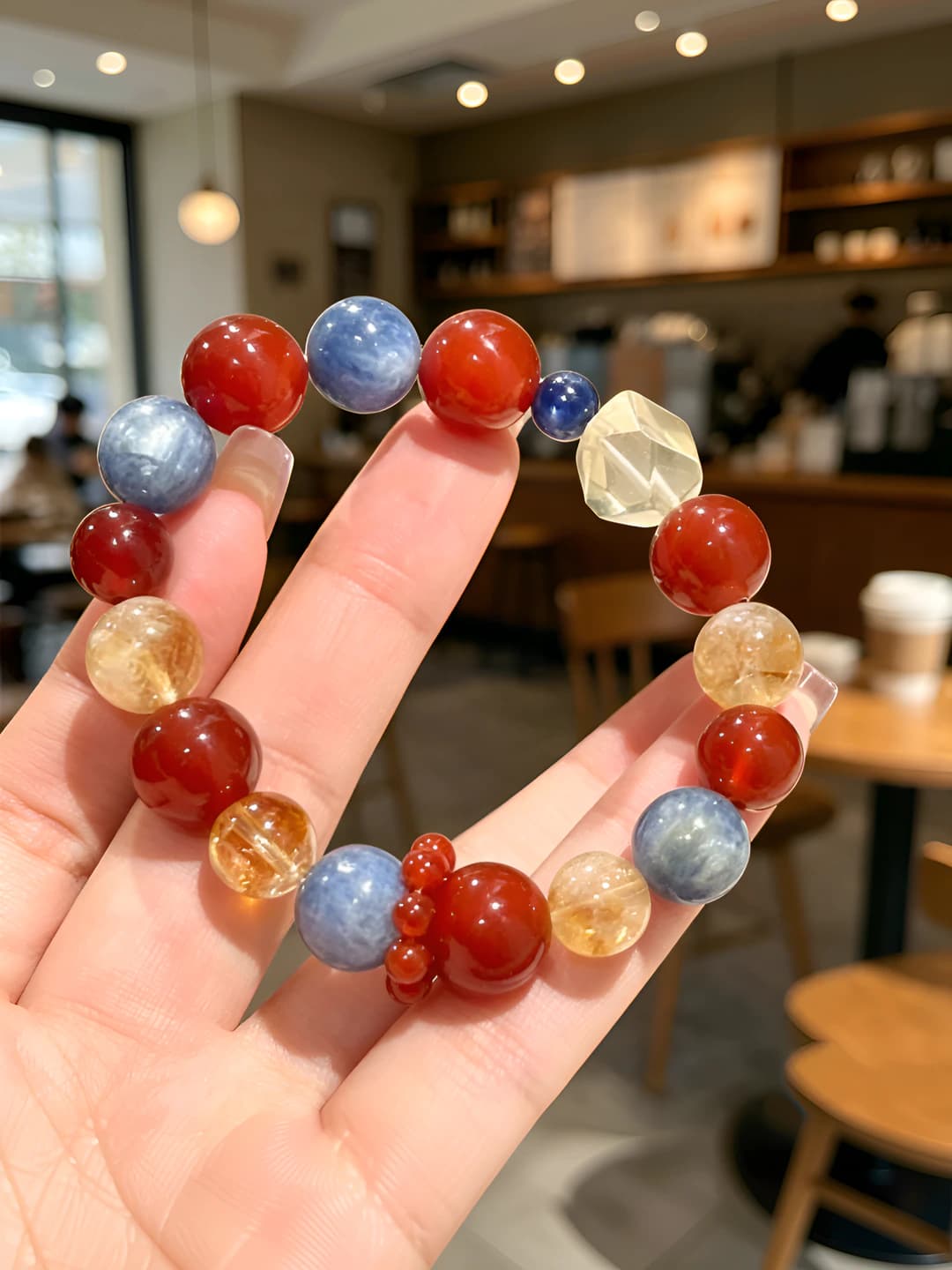 Red agate, yellow citrine and blue cordierite bracelet