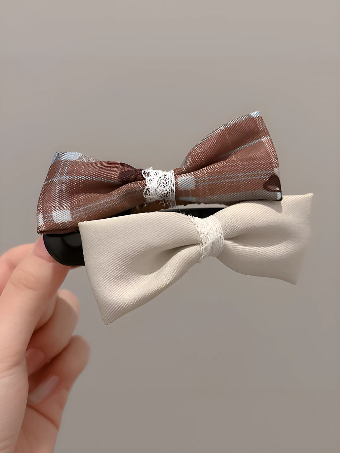 8# Khaki + coffee, double bow, clip (9 cm)