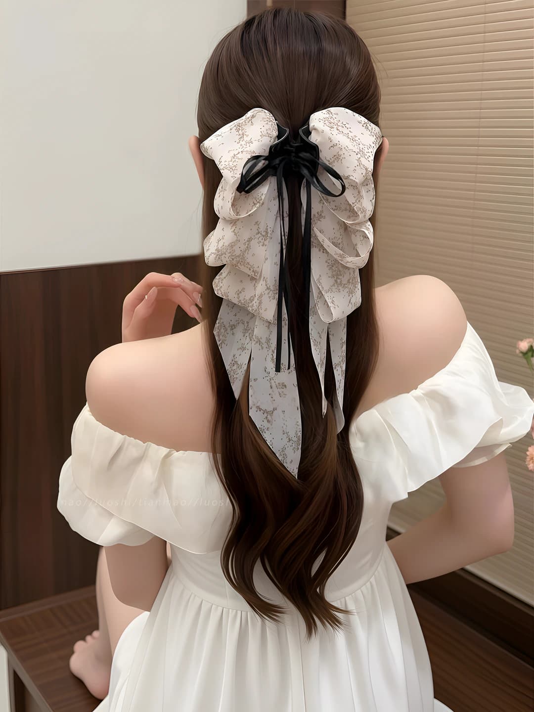 White-orange floral - bow 18.5 cm, ribbon 20 cm
