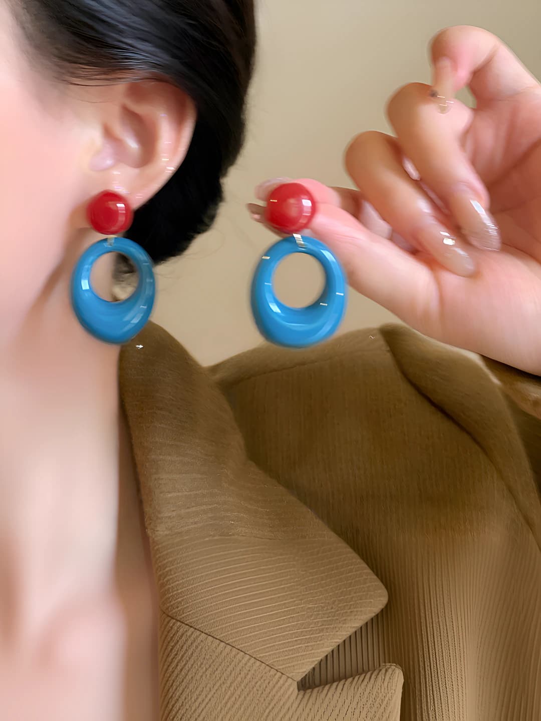 Women's retro style oval earrings, blue and red color, acrylic, 925 silver post, 2026