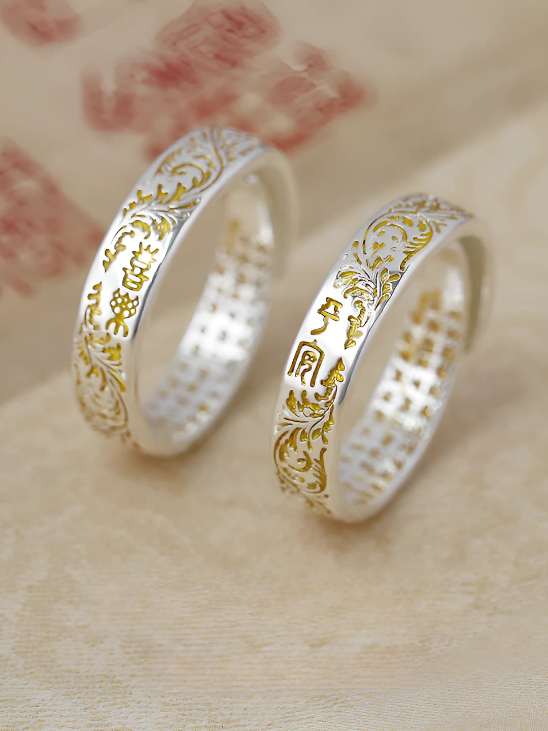 Retro open ring in Chinese style with Tangcao pattern, gold inlay, and inscriptions on the inner wall, for men and women