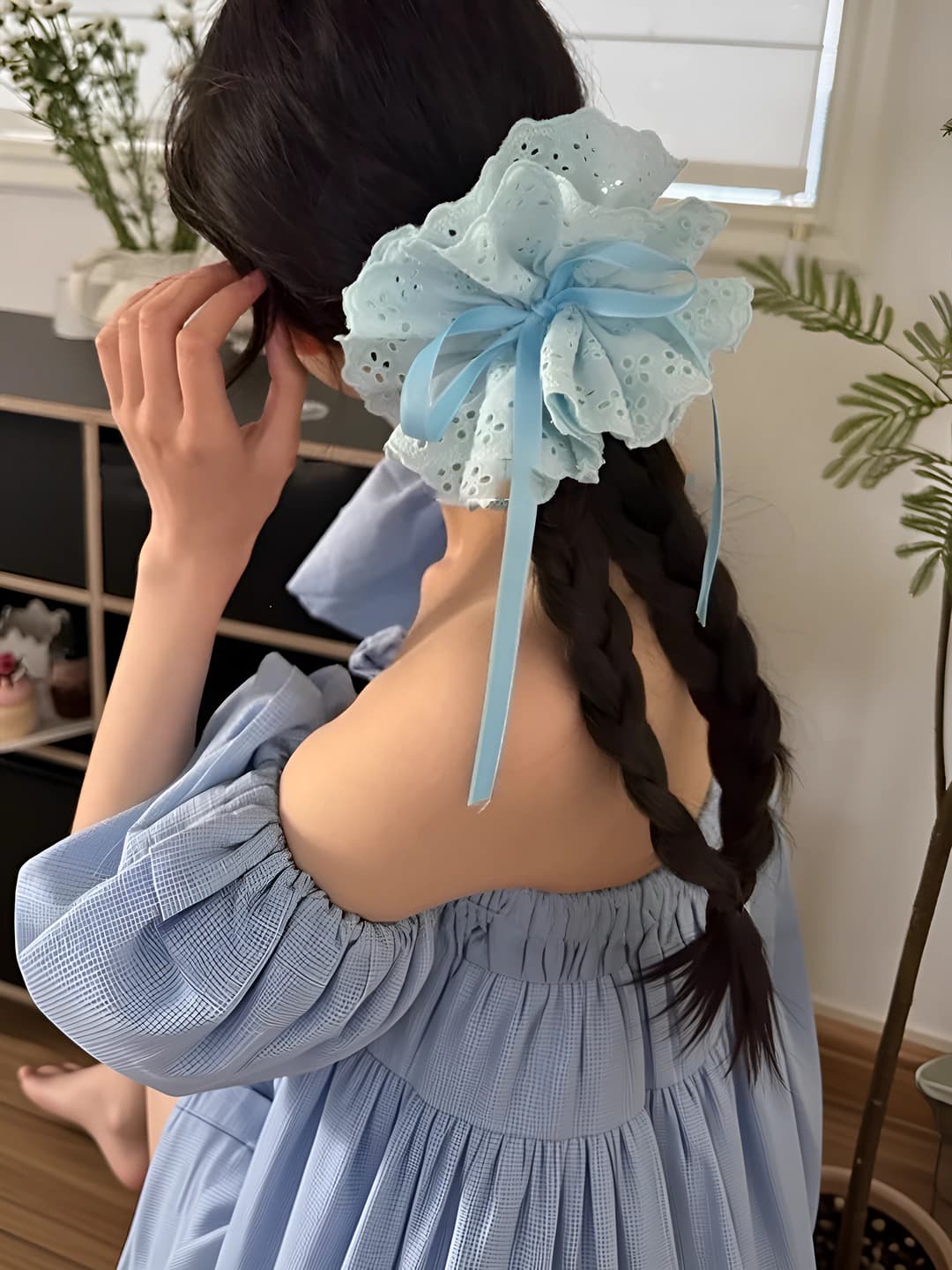 4# Blue drawstring hair tie Large-33*14cm