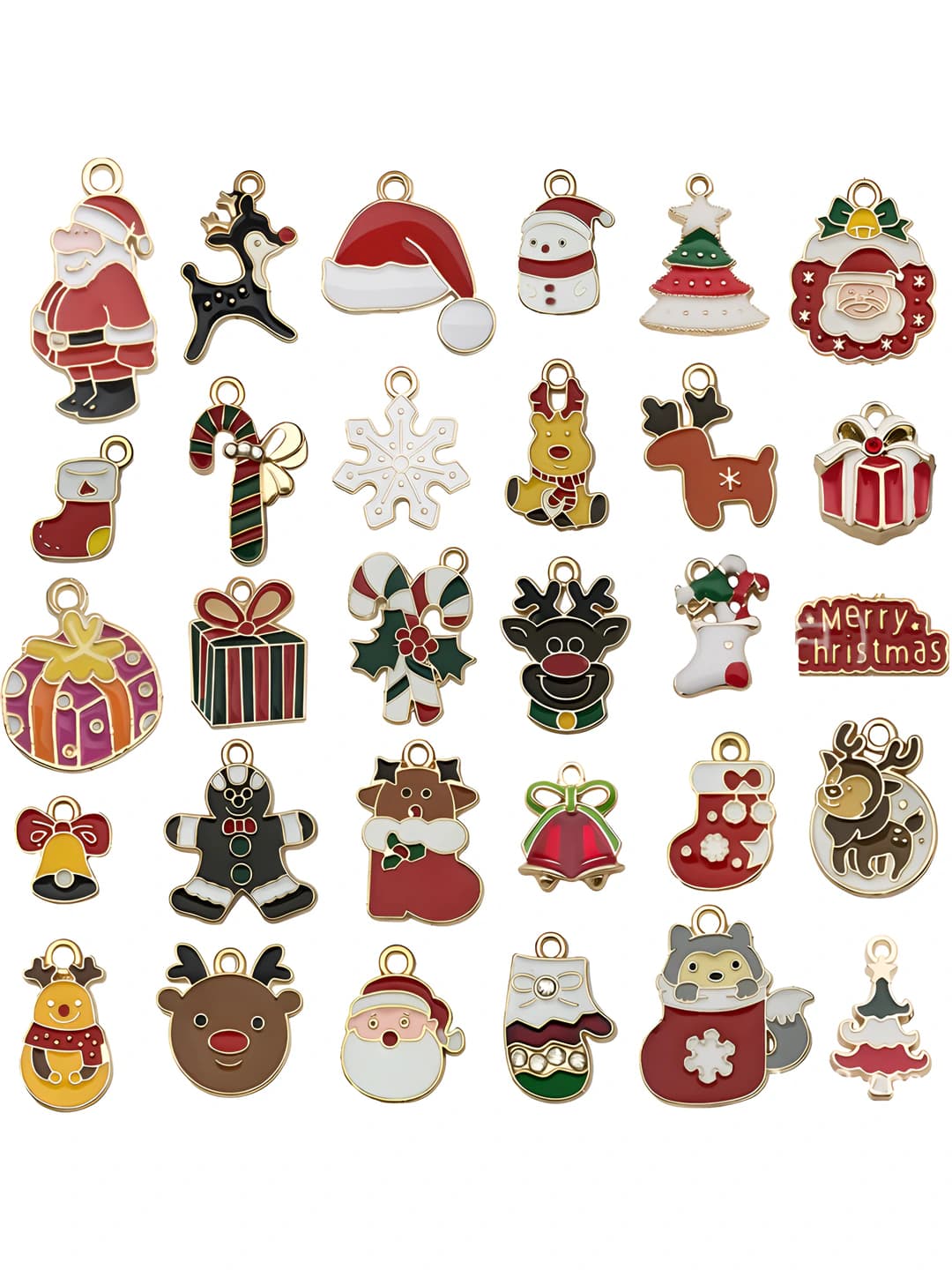 Women's Christmas enamel charms (DIY jewelry pendants): 30-piece mixed set, Santa Claus, snowman, bell, reindeer, snowflakes, keychain
