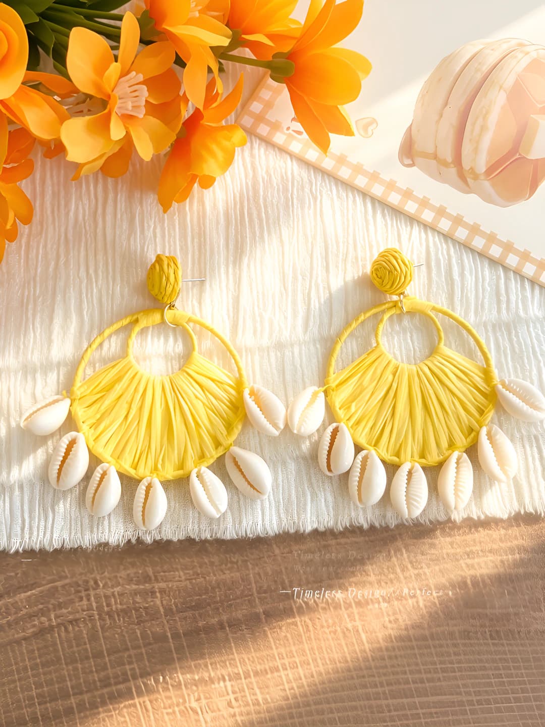 Yellow round shell stud earrings