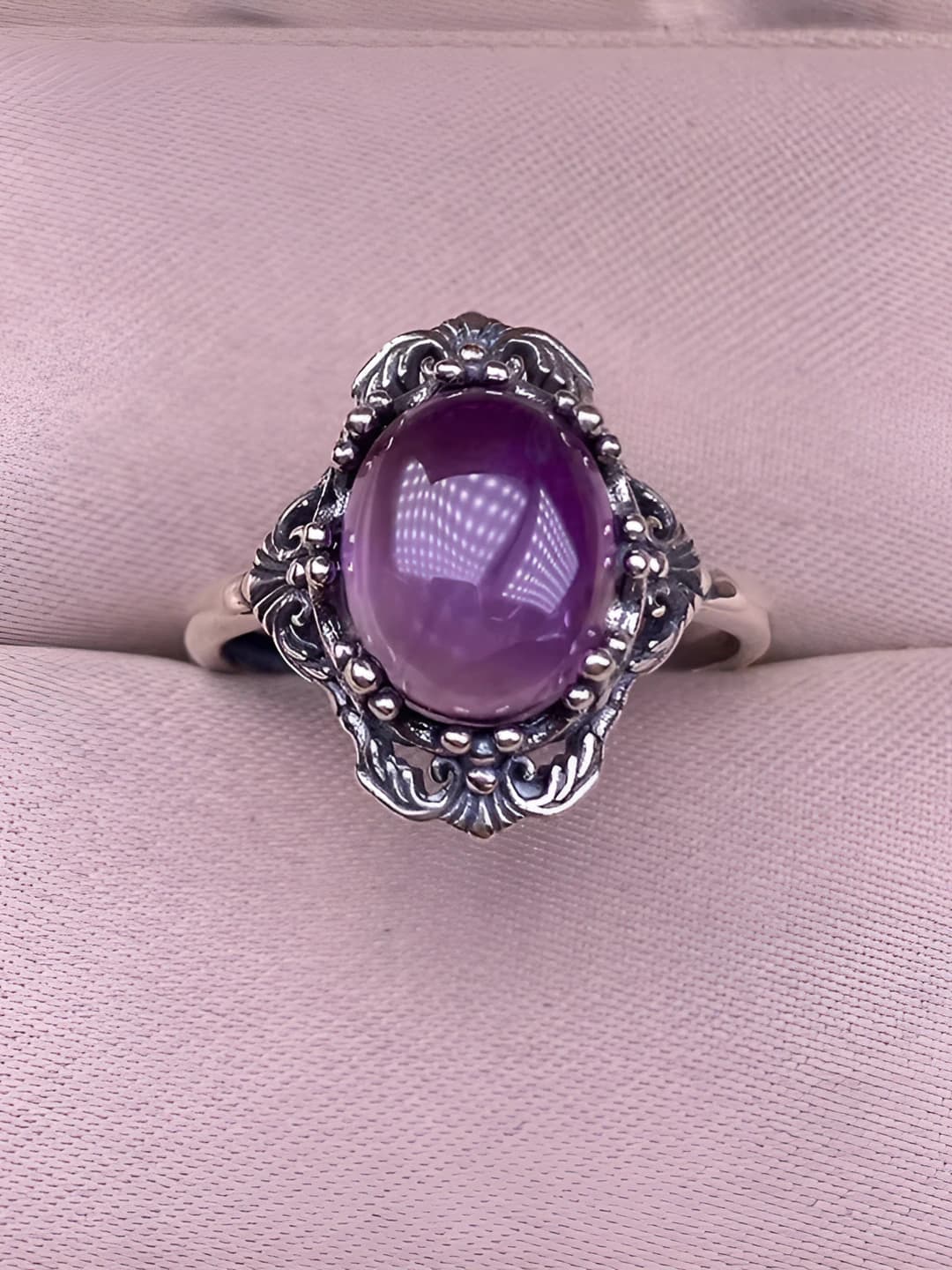 Women's amethyst costume ring, retro, aged finish, copper, U-shaped, adjustable