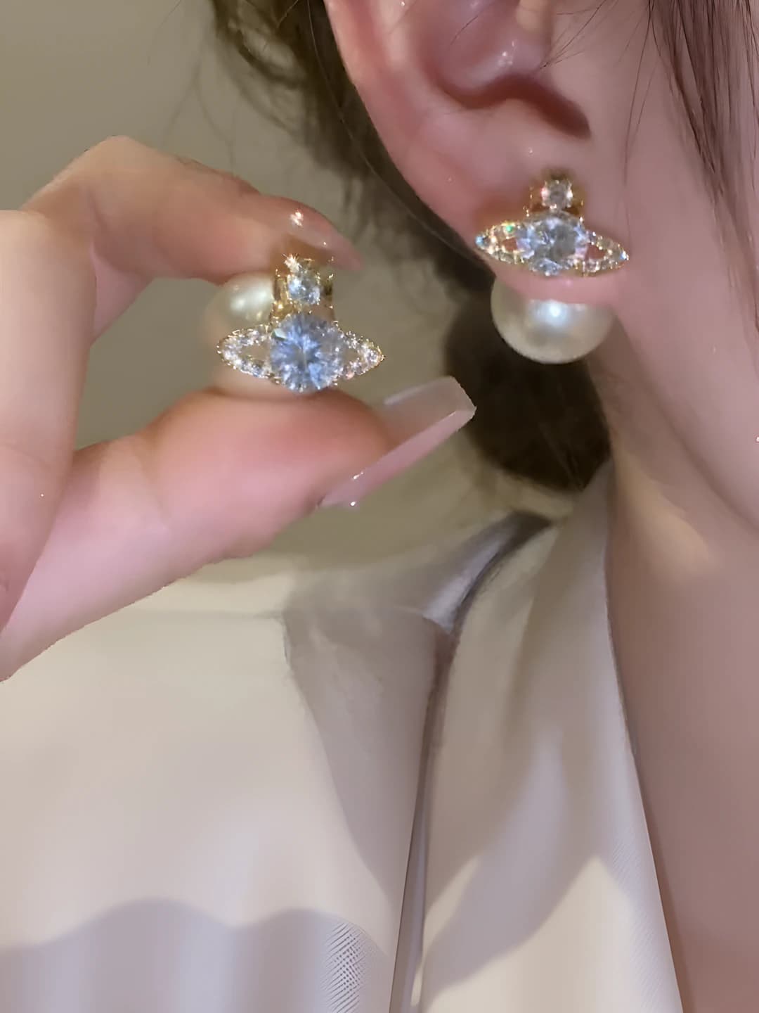 Women's zircon-set Saturn and pearl two-way geometric earrings