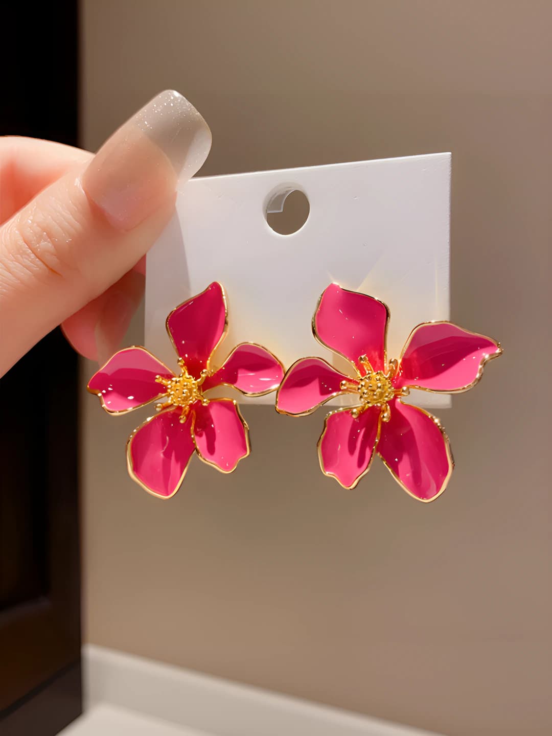 Women's retro style flower earrings, rose red color, with enamel, large and statement