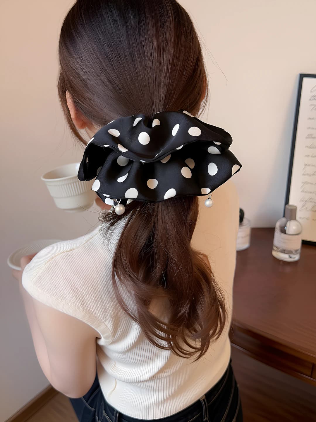 Black, polka dot scrunchie