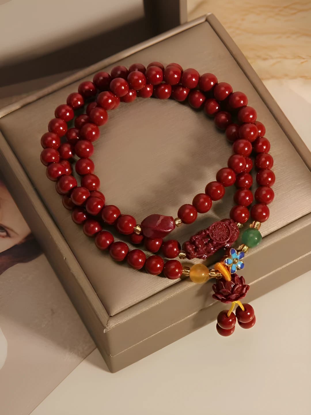 Women's long stretch multi-strand beaded necklace, red color, lotus pattern, retro style, design element