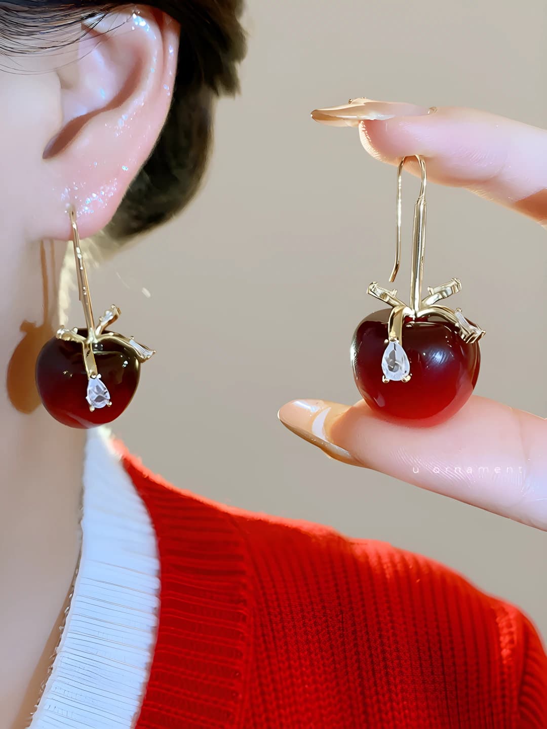 Women's earrings: zircon, bow and apple shape, resin material, premium style, sweet and versatile