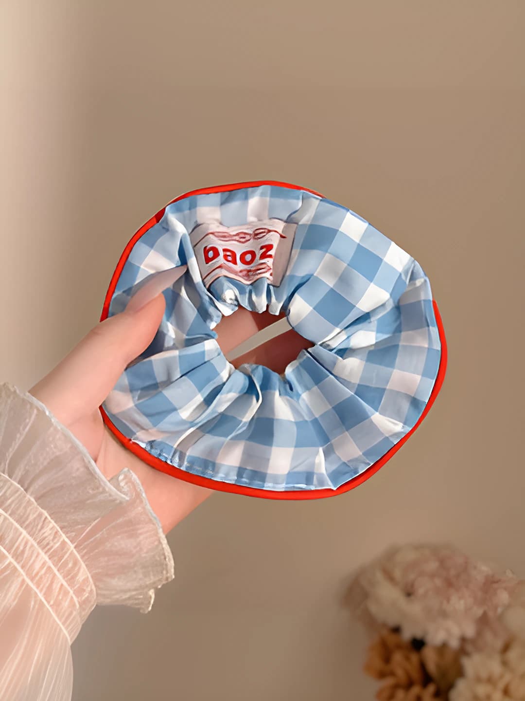 Blue plaid scrunchie ~14 cm