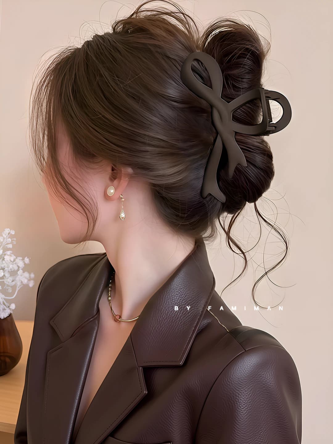 Dark coffee bow clip, ~12.5 cm