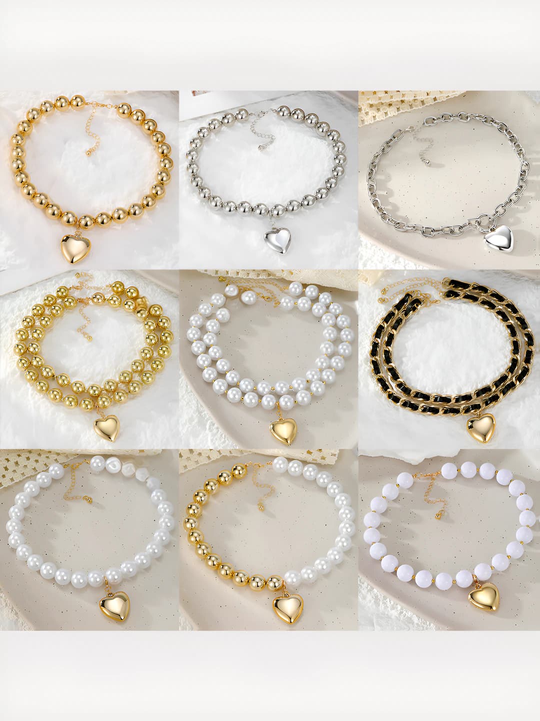 Women's multi-layered beaded necklace with heart pendant made of faux pearls