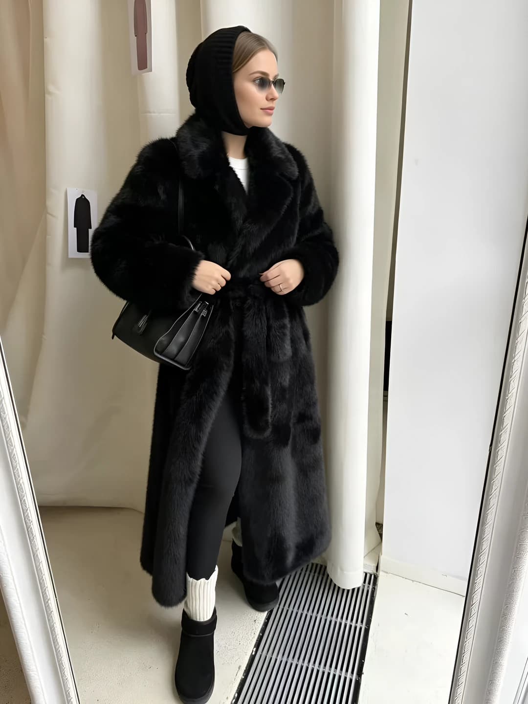 Women's faux mink fur coat, stand collar, long sleeve, winter, mid-length, black