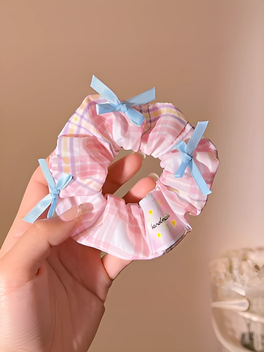 Pink plaid, bow, 11 cm