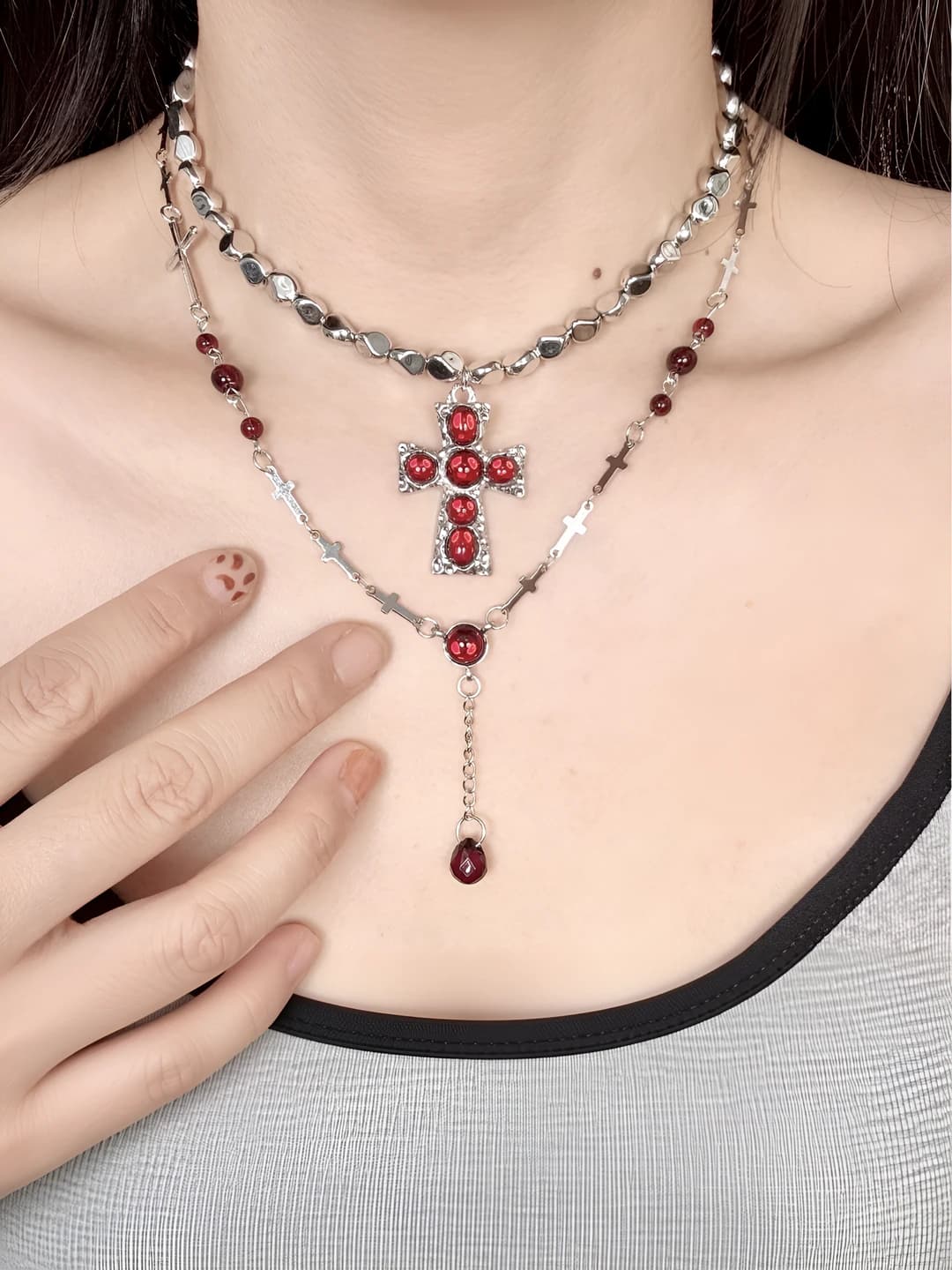 Women's layered beaded cross necklace, sweet cool style punk accessory
