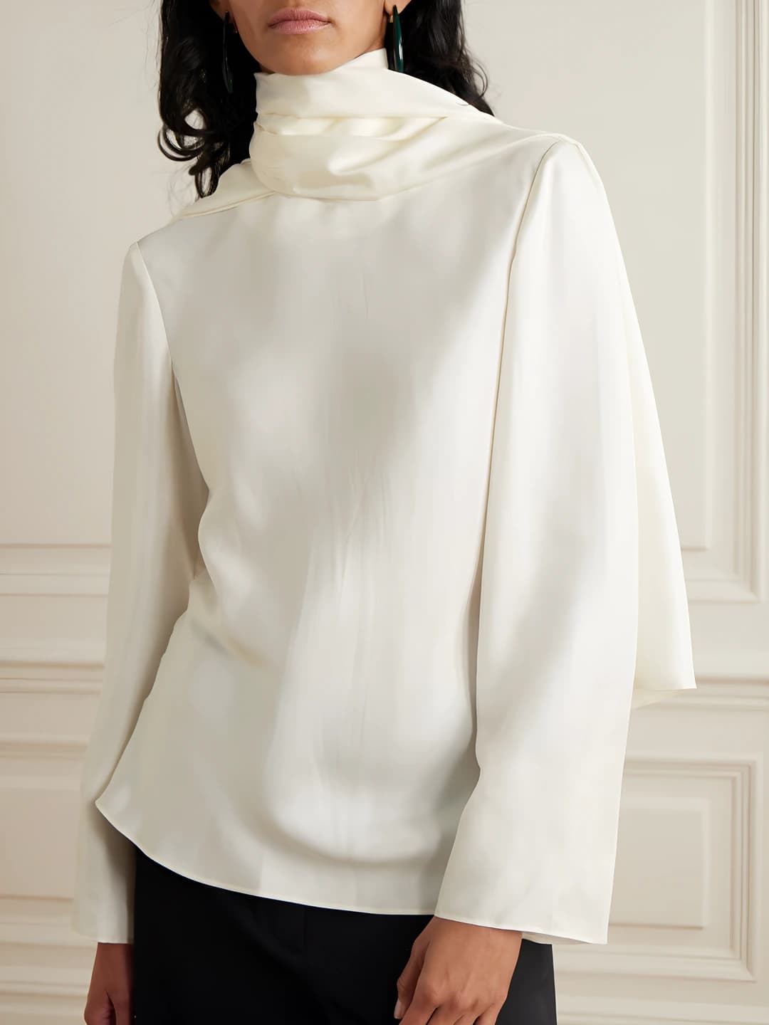 Women's satin blouse, slim fit and loose fit, long sleeve, mid-length, zip closure, solid colour, floral pattern, ribbon collar