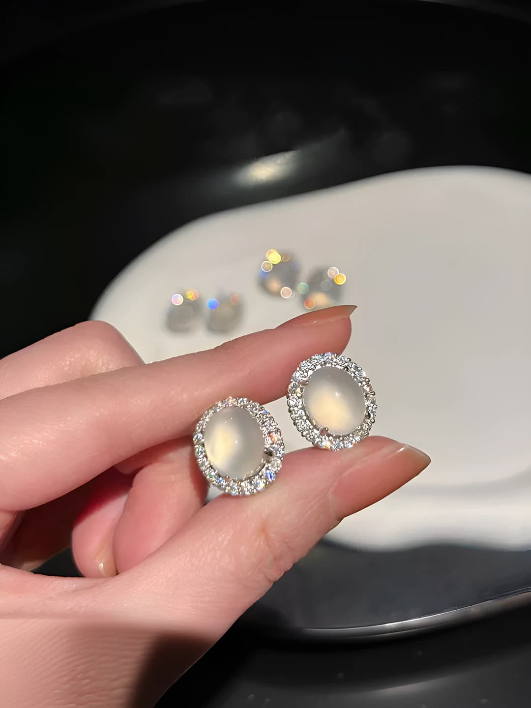 White moon chalcedon studs