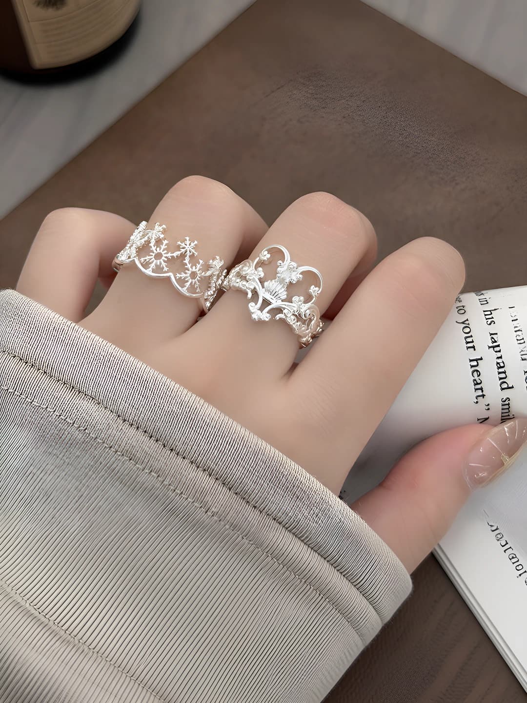 Women's openwork ring with heart shape, snowflake pattern, made of copper, electroplated, for stacking