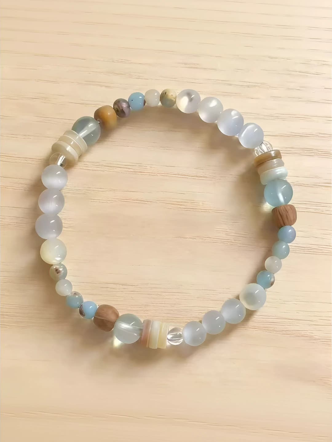 Women's retro Korean style handmade geometric oval design element cat's eye stone and pearl beaded bracelet
