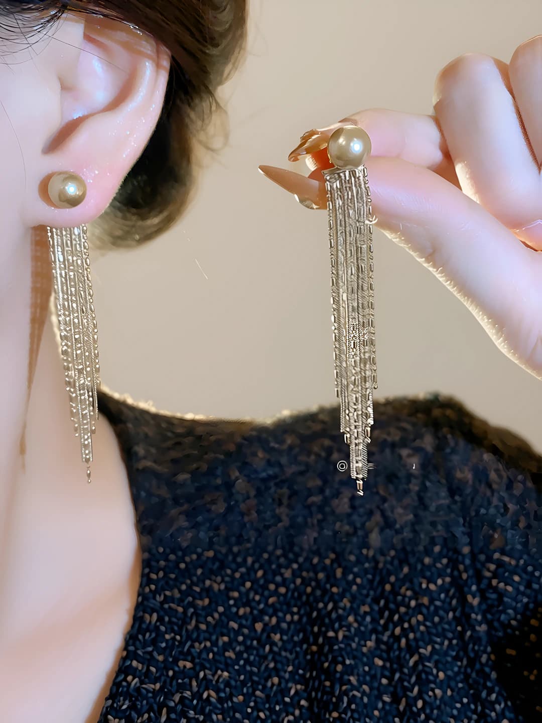 Women's pearl tassel earrings with geometric shape in Euro-American style