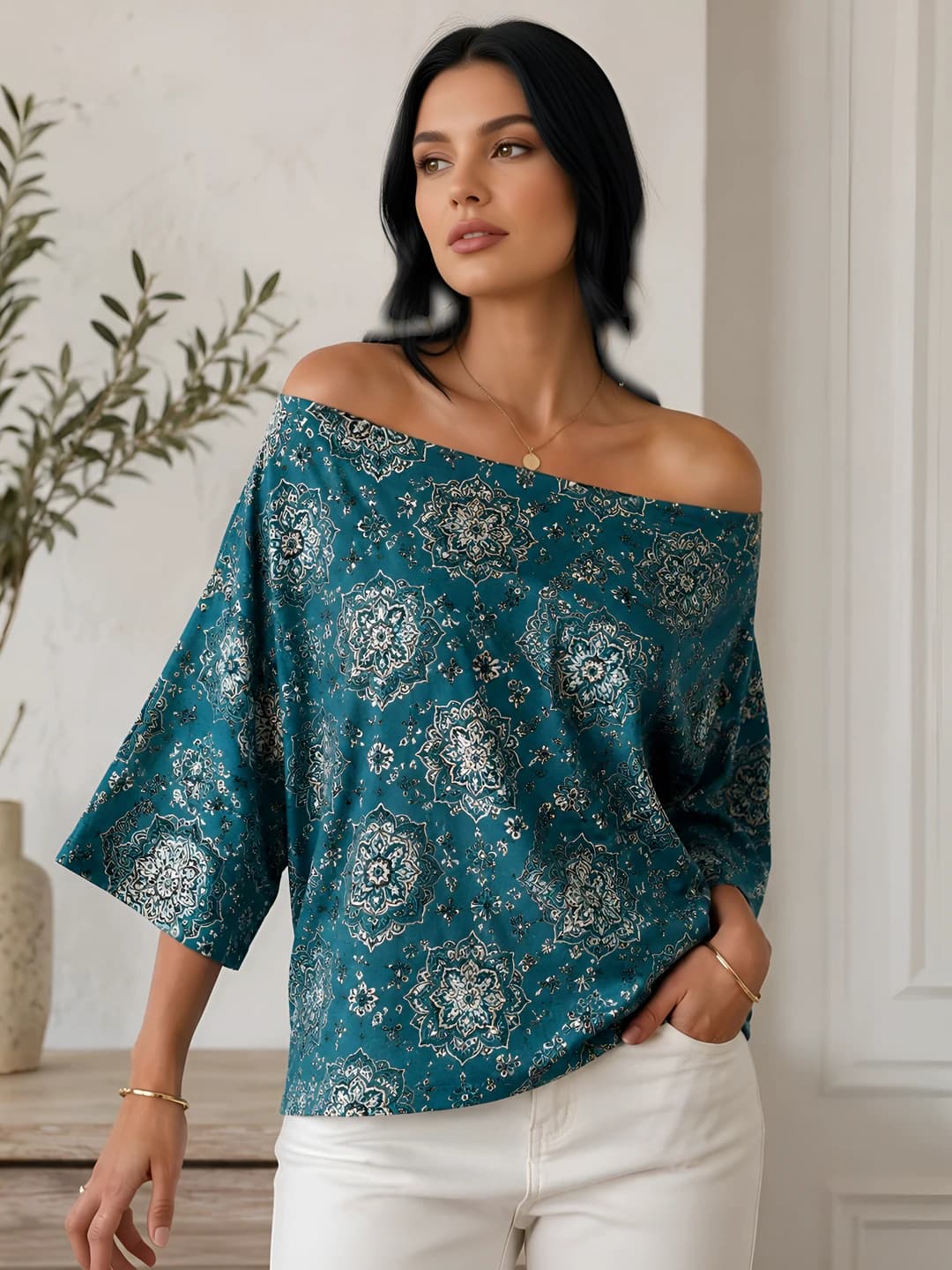Women's off-shoulder top, three-quarter sleeve, loose fit, slimming, plus size, printed, casual style