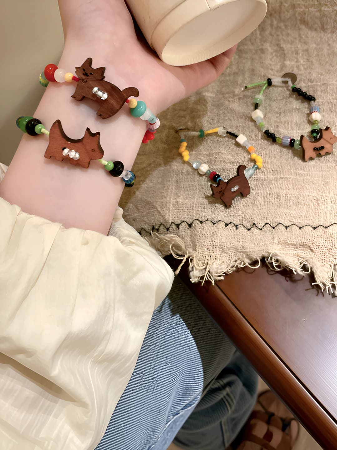 Women's beaded bracelet with wooden dog charm, handmade, cute and sweet style