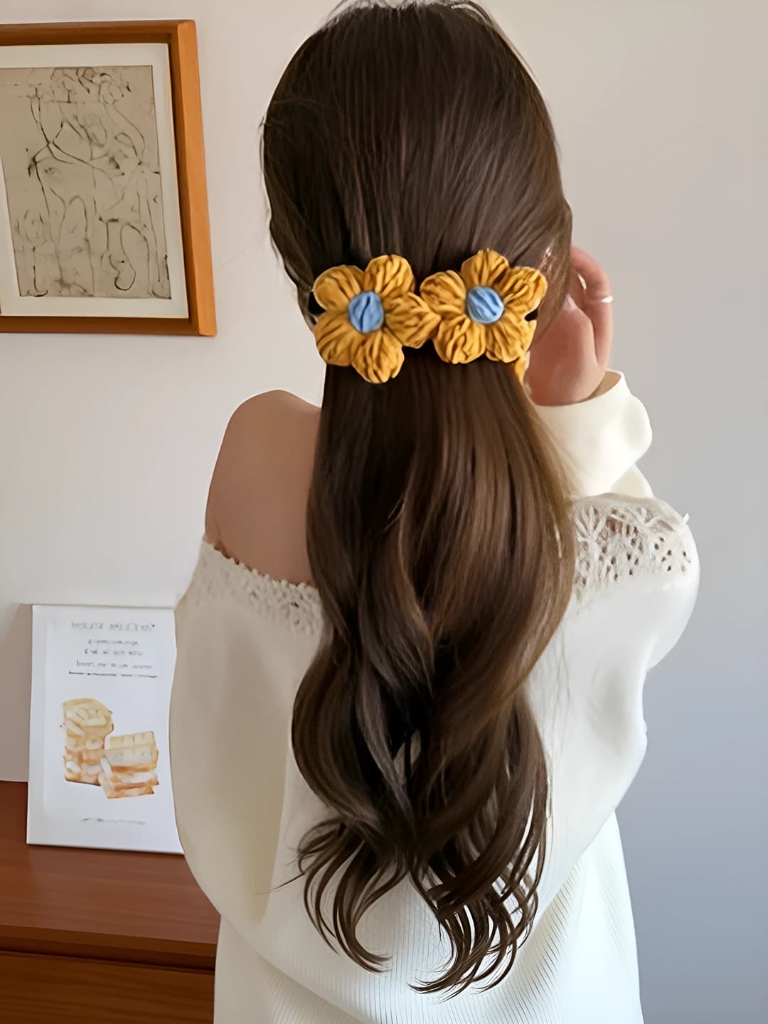 2# Жёлтый с опавшими листьями и цветами банановый зажим - дно ~13cm цветы ~6.5*6.5cm