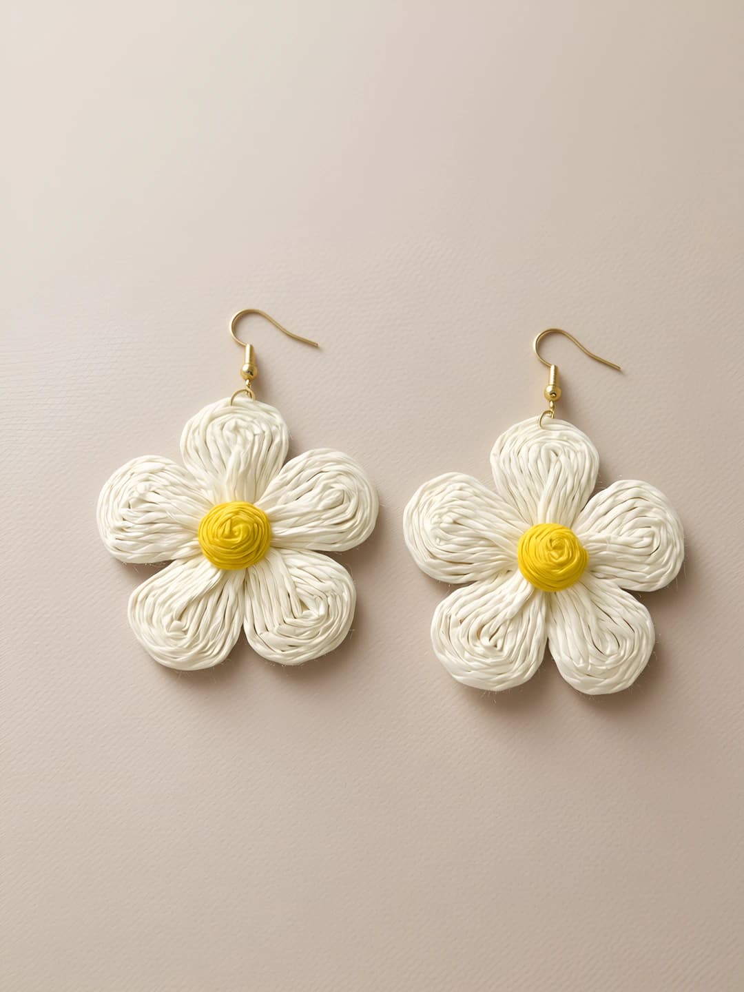 Off-white grass-woven large flower hook earrings