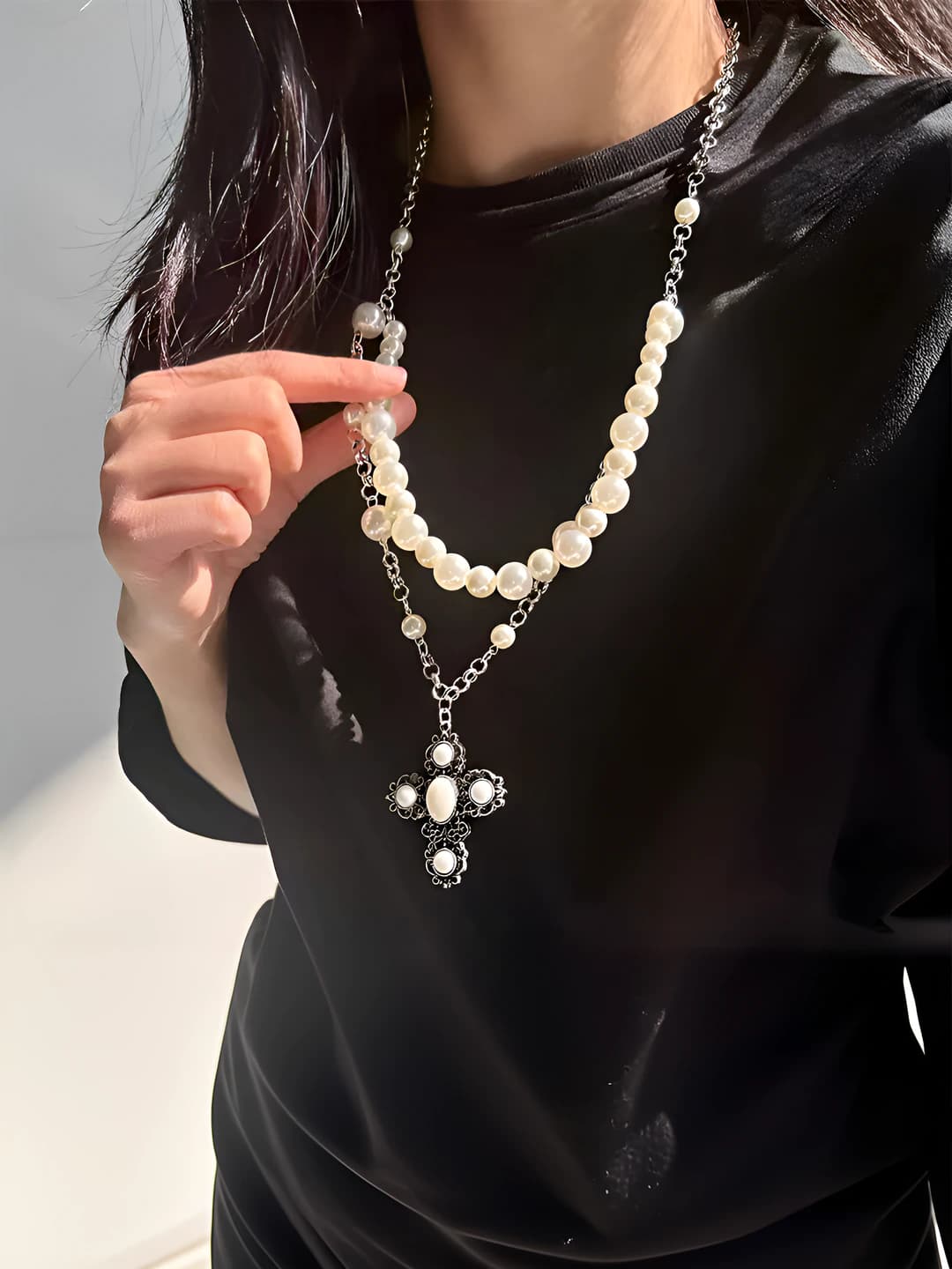 Women's retro pendant necklace with double layer pearl and cross, metal, 61-70 cm