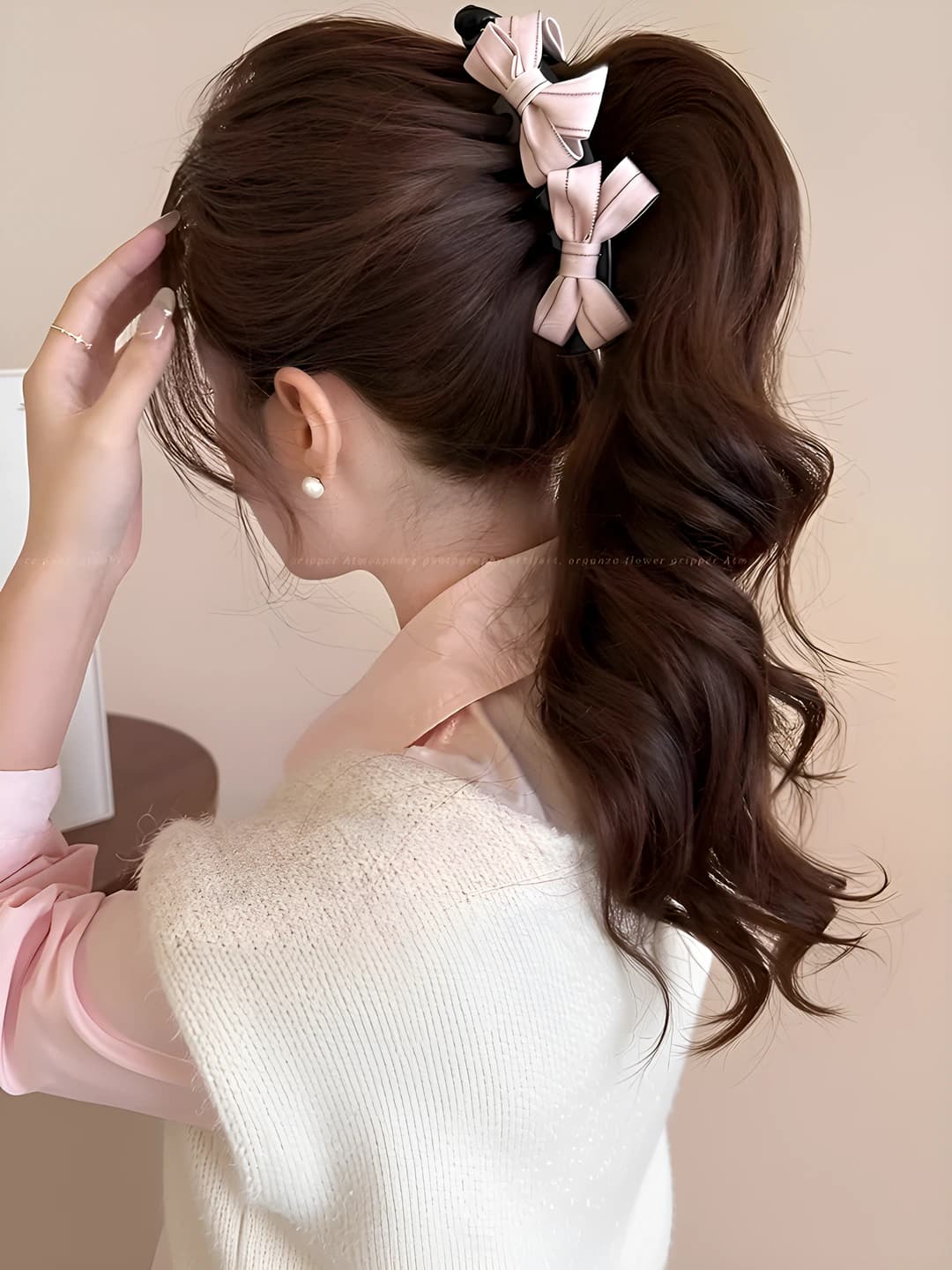 Pink fabric double bow banana clip 13 cm