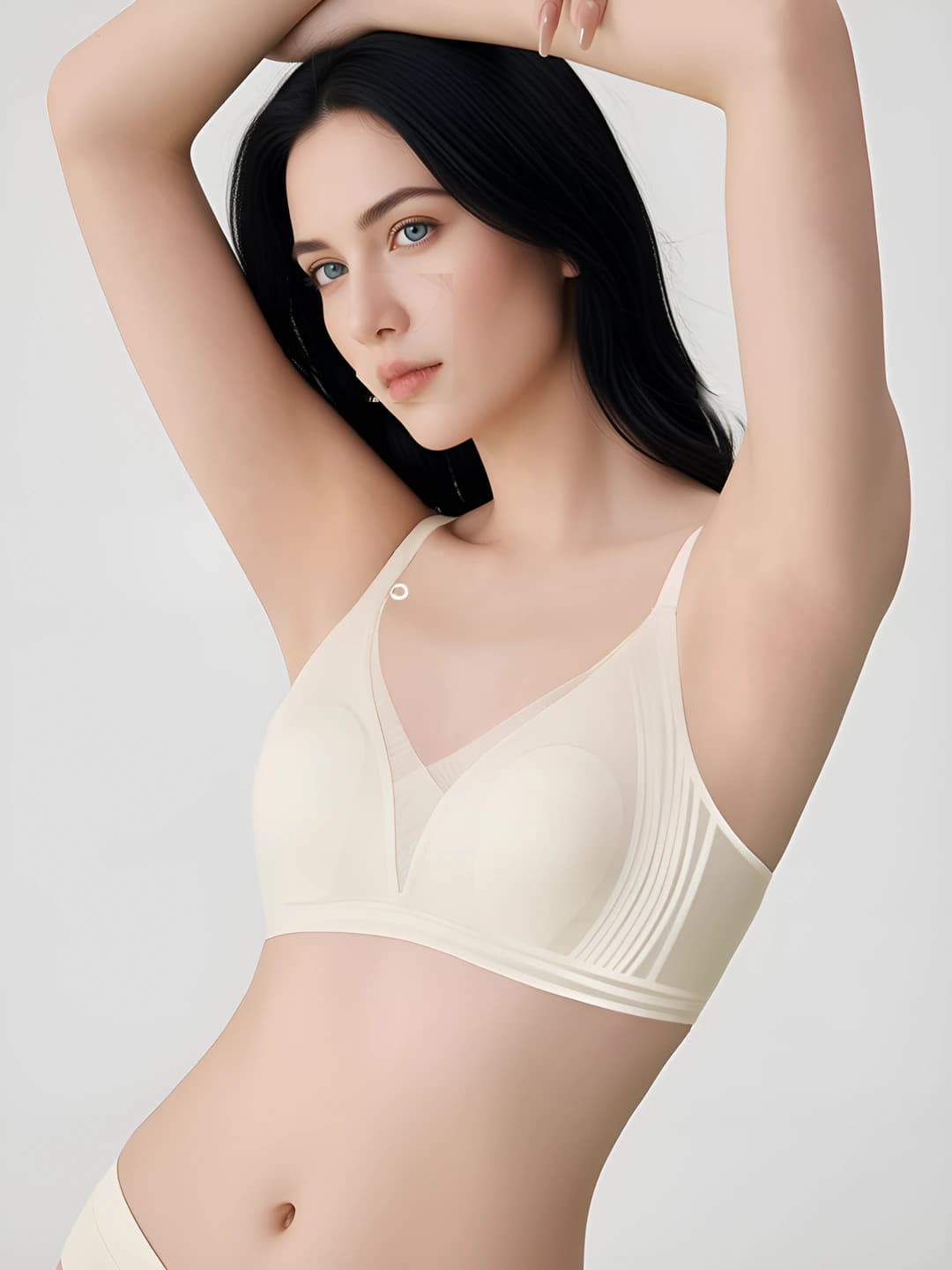 Women's seamless, ultra-thin bra, visually minimizing large bust, with satin sheen, closed