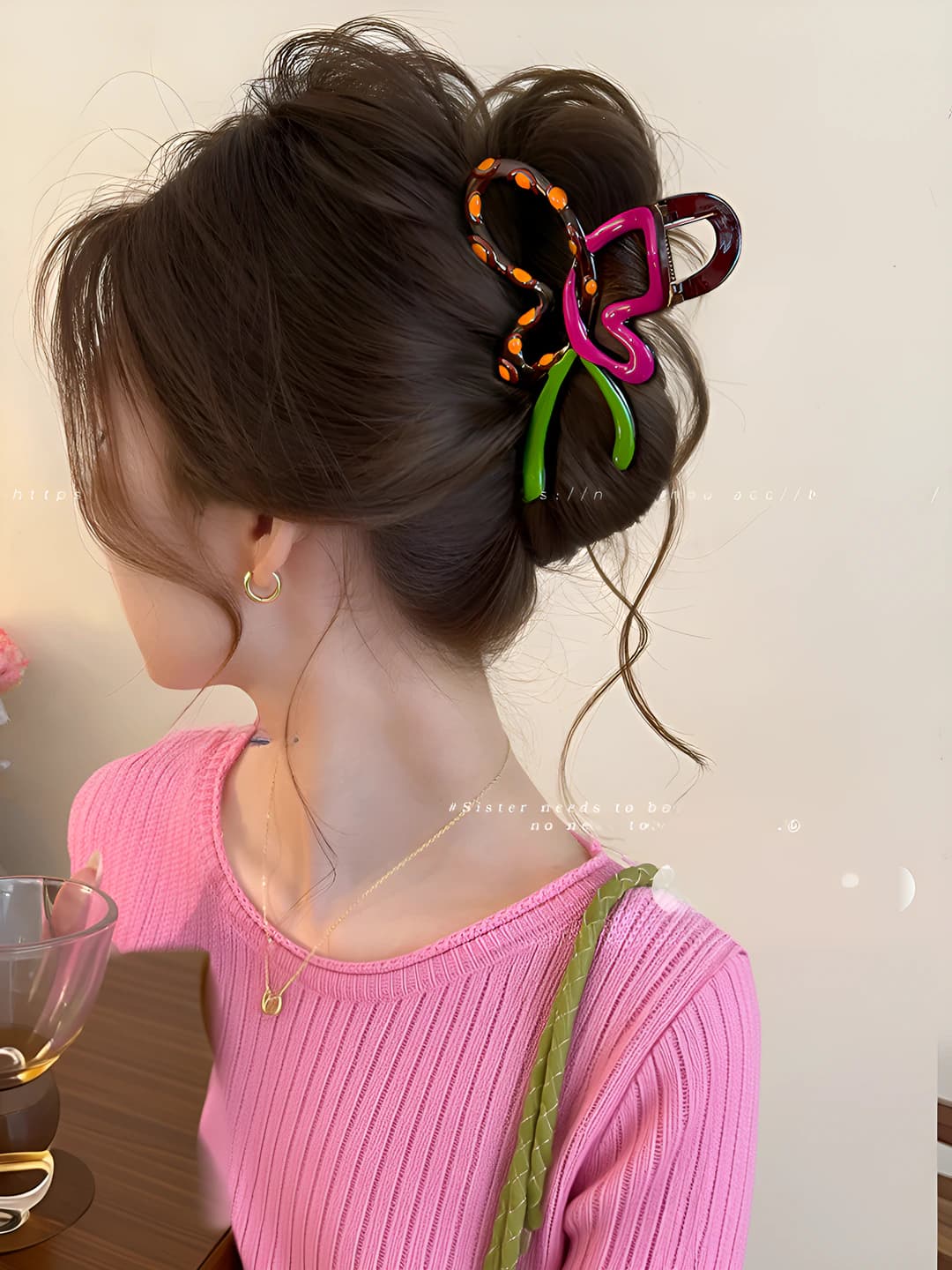 Pink-green polka dot bow clip ~10 cm