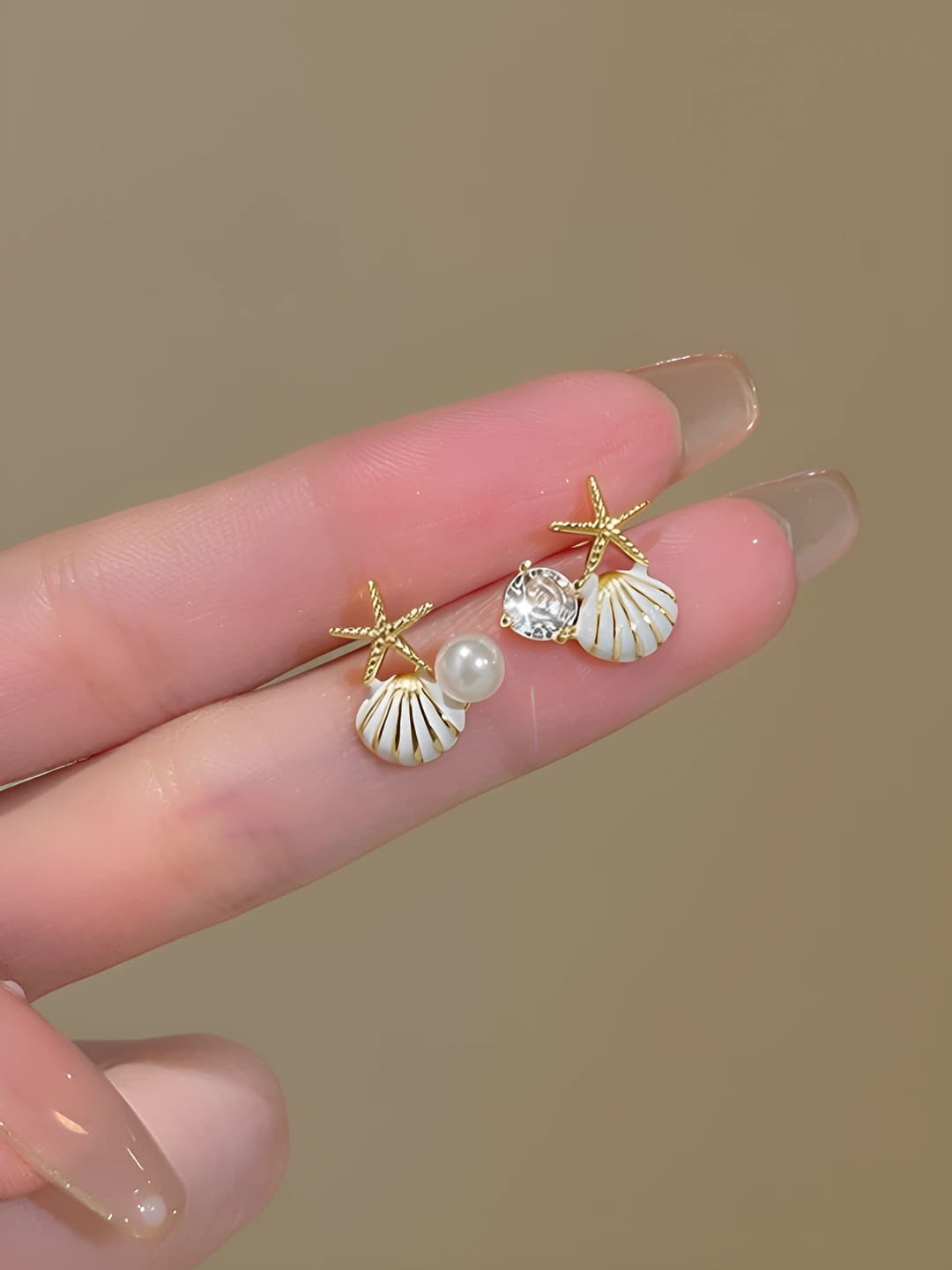 Women's pearl starfish and shell stud earrings, copper, geometric design element, Korean and Japanese style