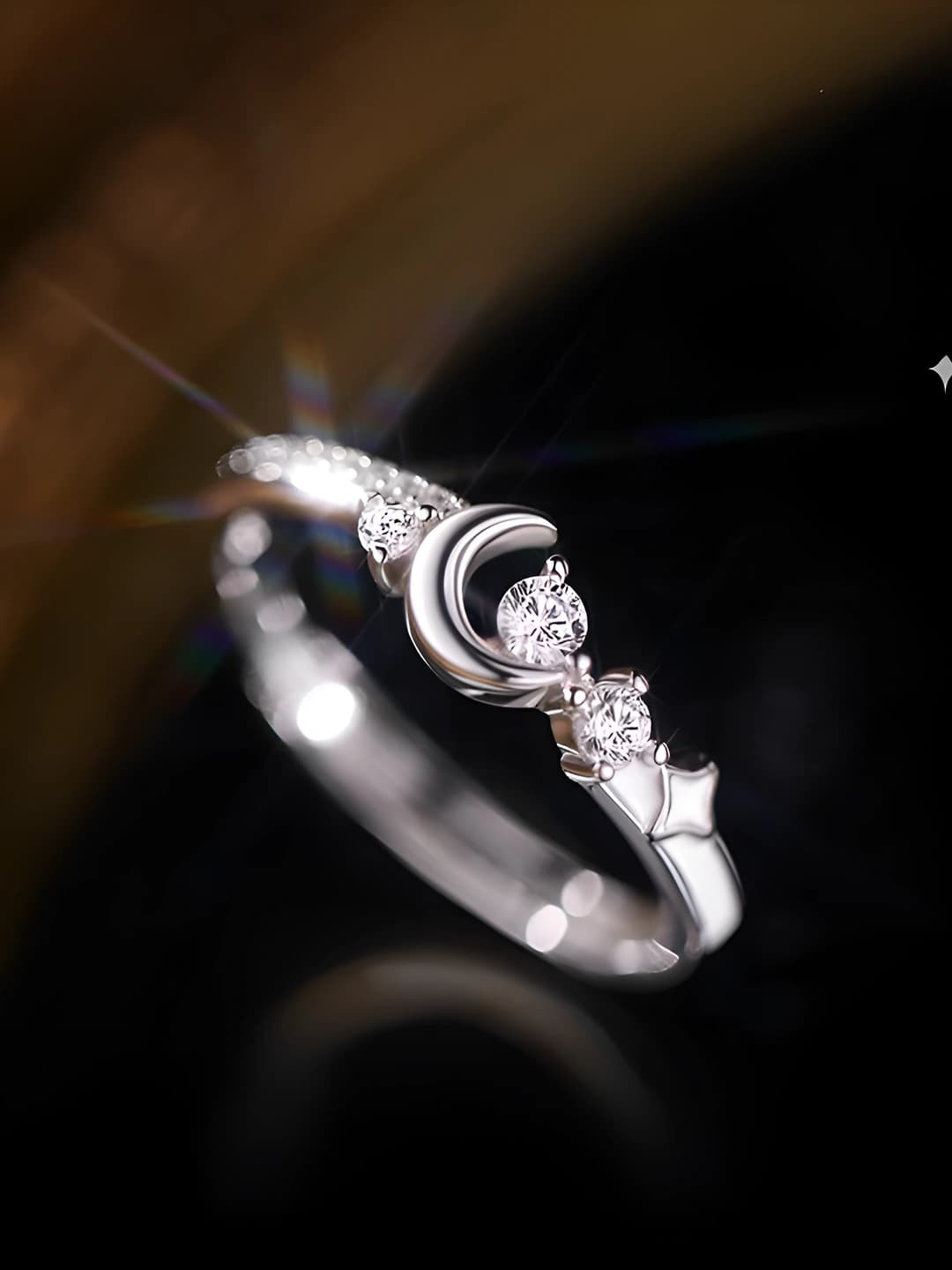 Women's bronze ring with star and moon design, minimalist style, electroplating technology