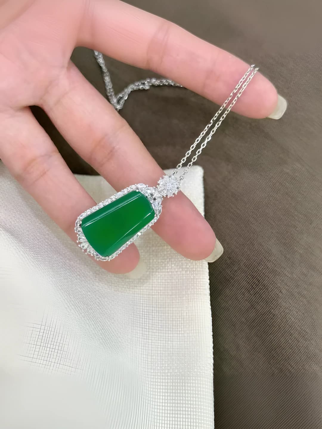 Women's titanium steel pendant necklace in Chinese style with green chalcedony and safety symbol
