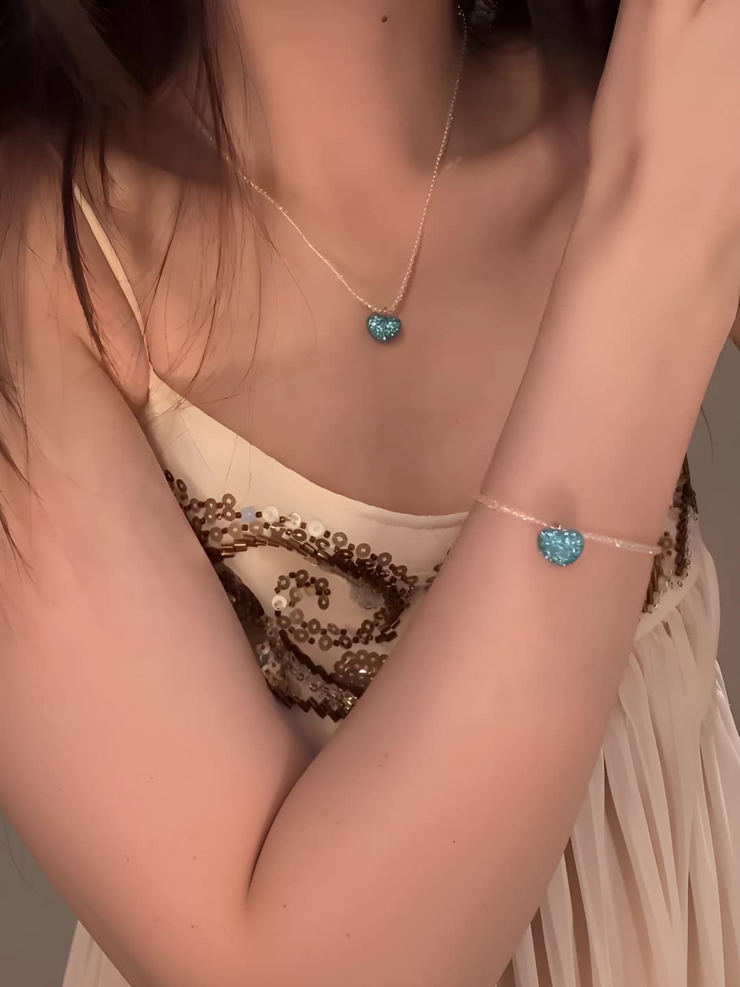 Women's set: necklace and bracelet with rhinestones, heart, drop and bell pattern, Japanese-Korean style, glass and acrylic material, collar chain
