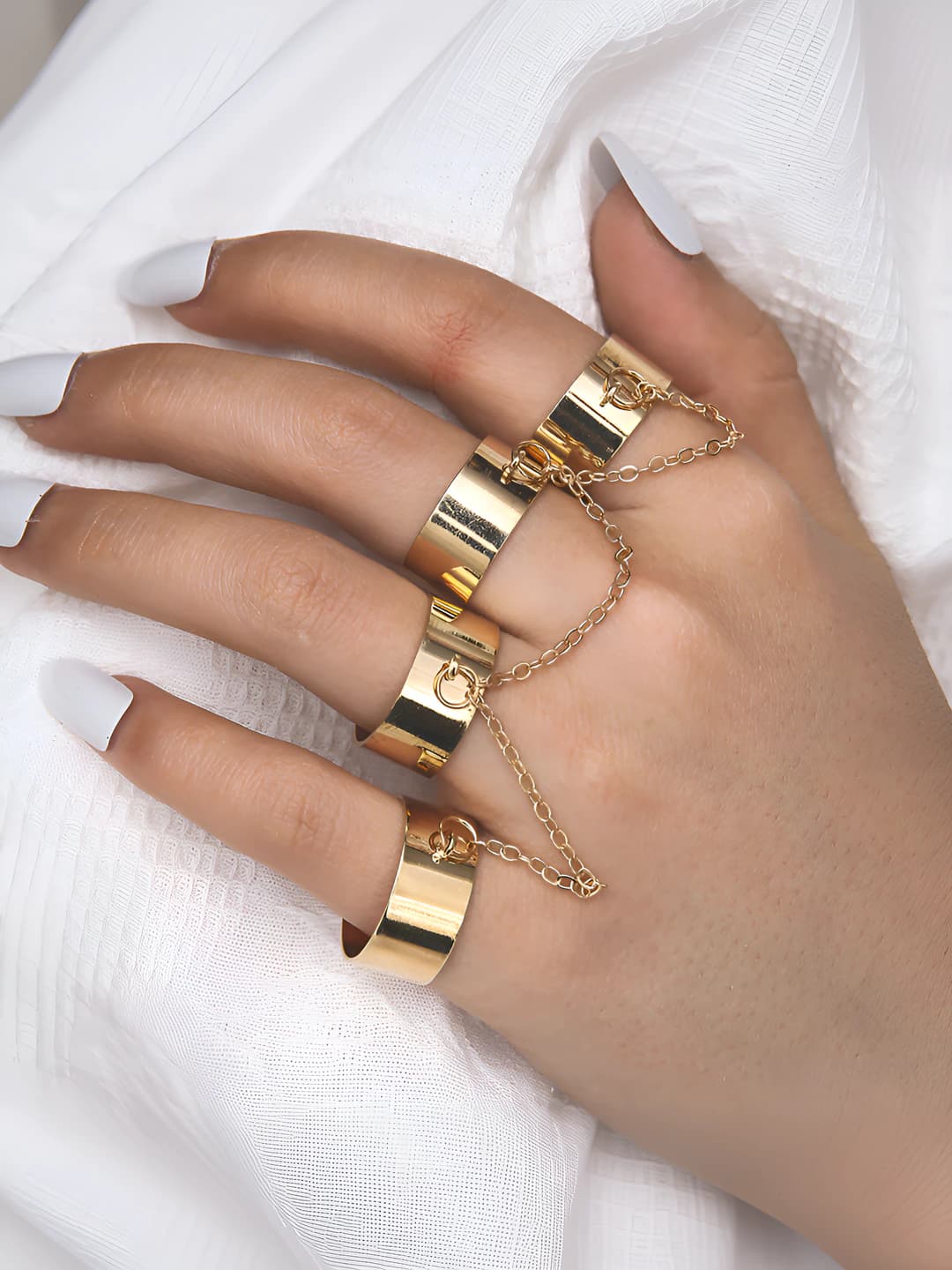 Women's chain-linked open ring set, black punk style finger rings