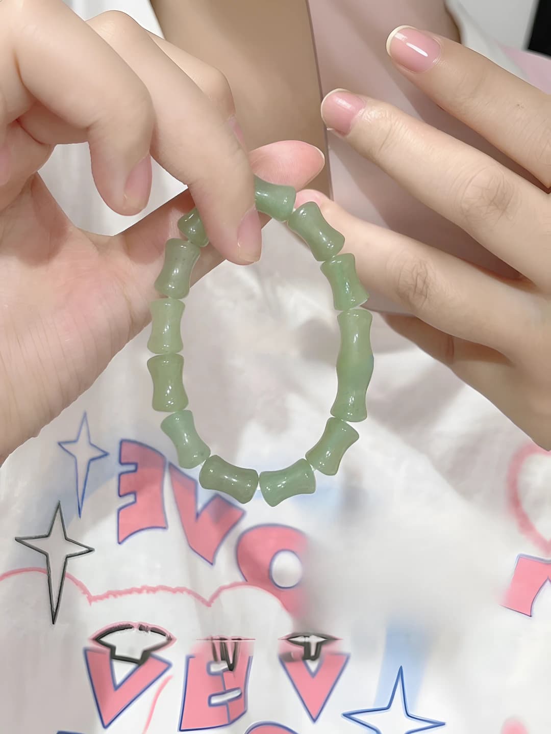 Summer bamboo-joint beaded bracelet, glass and lucite material, handmade, unisex, natural style