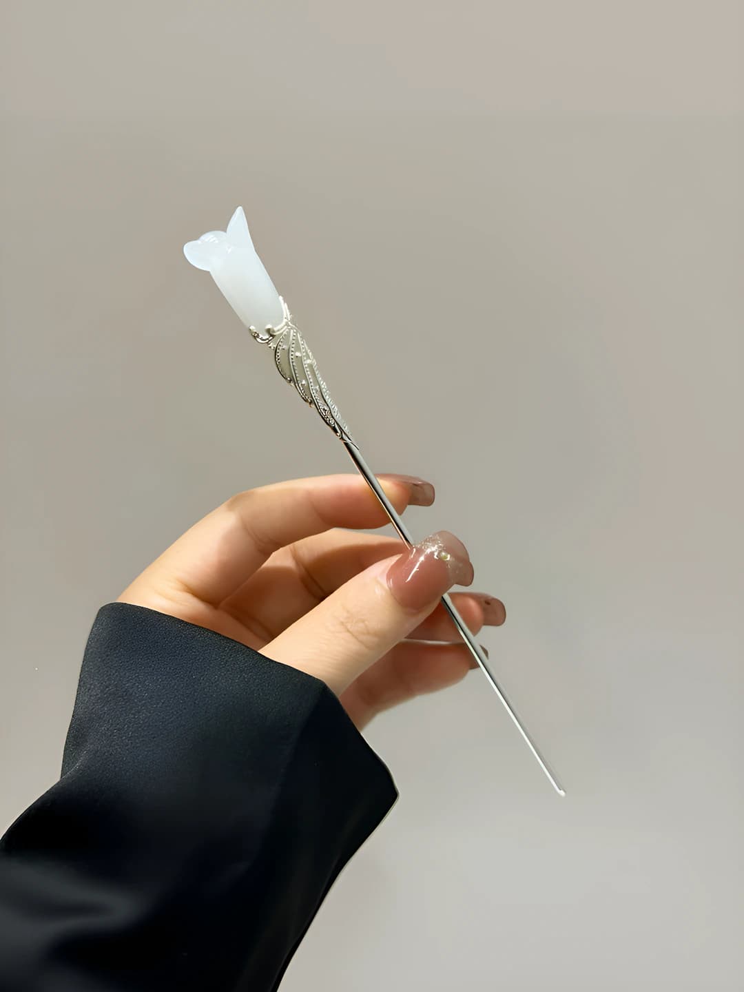 25# White jade candle hairpin - Silver