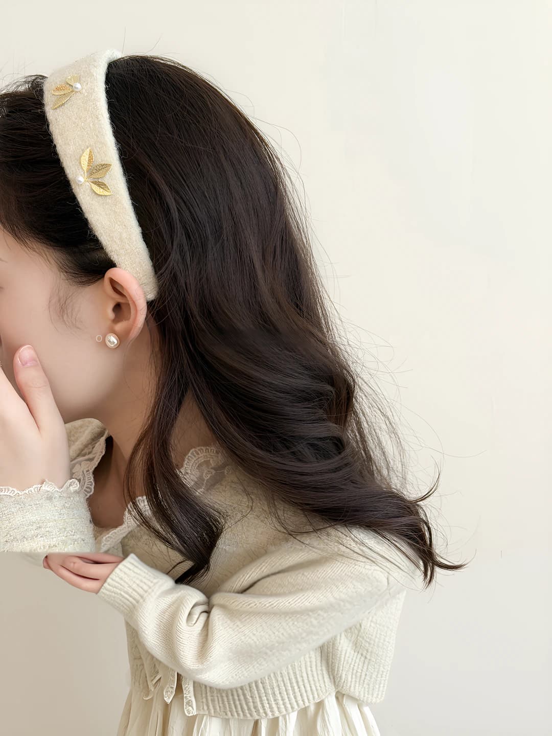 Beige - Gold branch three flower wool headband