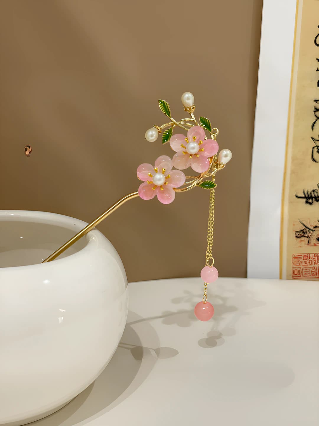 20# Pink double flower pink pearl tassel hairpin - Gold (in bag)