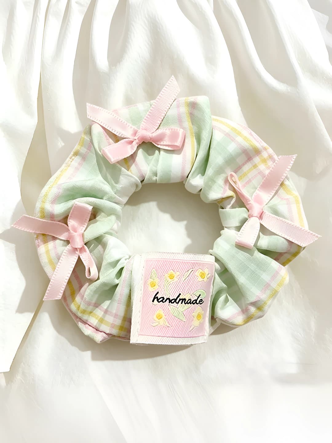 Green plaid bow hair tie