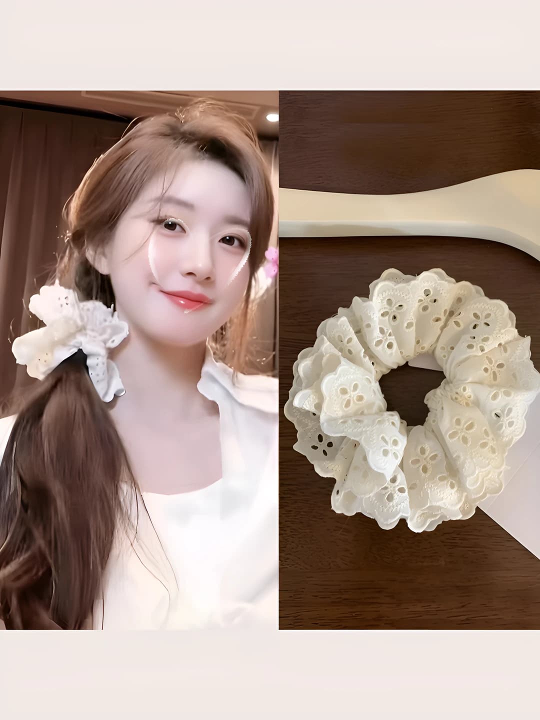 Women's white lace hair scrunchie, high stretch, ins style for bun